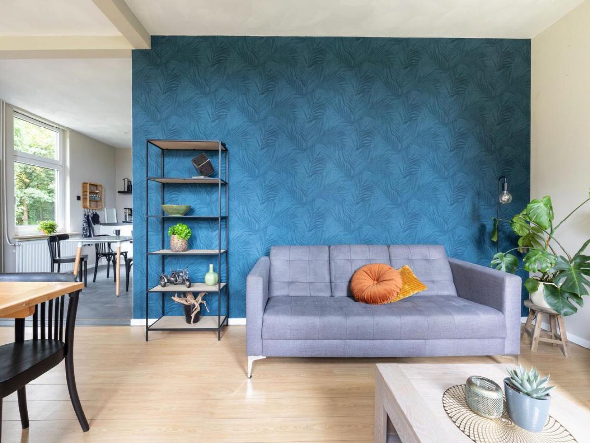 De woonkamer met blauwe accentwand